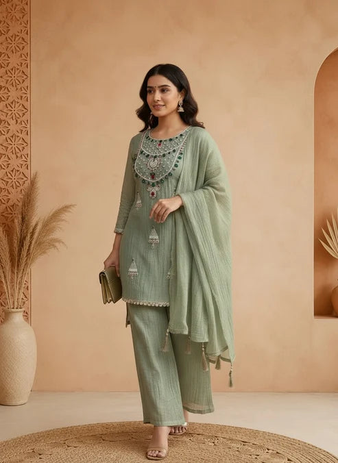 Heavy Kundan Neckline Salsa Tissue Indo-Western Suit Set