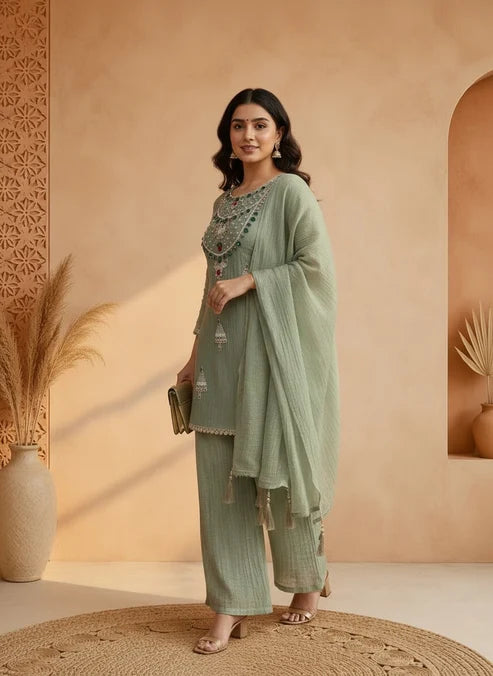 Heavy Kundan Neckline Salsa Tissue Indo-Western Suit Set