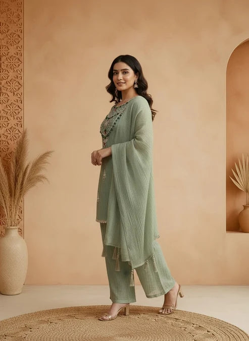 Heavy Kundan Neckline Salsa Tissue Indo-Western Suit Set