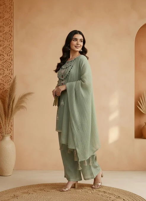 Heavy Kundan Neckline Salsa Tissue Indo-Western Suit Set