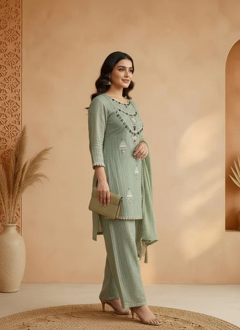 Heavy Kundan Neckline Salsa Tissue Indo-Western Suit Set