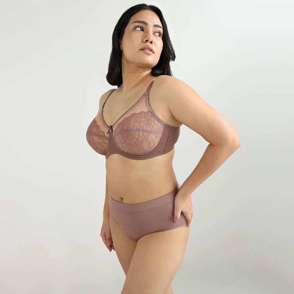 Retro Chic Non Padded Wired Full Coverage Full Support Everyday Comfort Bra - Coffee