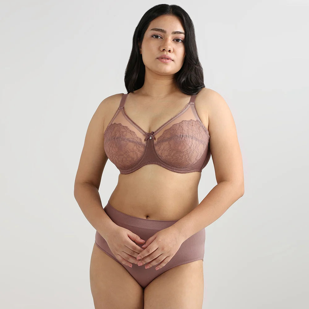 Retro Chic Non Padded Wired Full Coverage Full Support Everyday Comfort Bra - Coffee