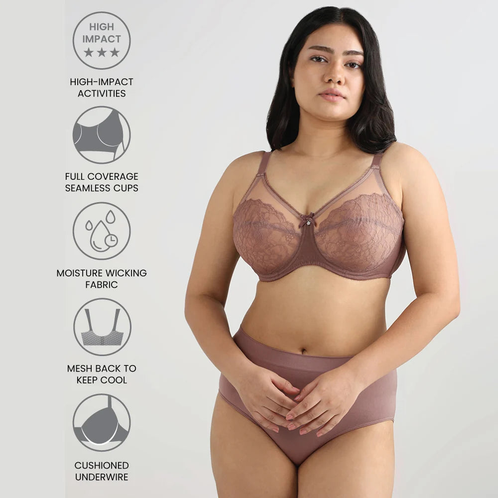 Retro Chic Non Padded Wired Full Coverage Full Support Everyday Comfort Bra - Coffee