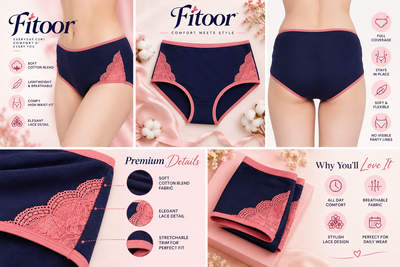 High Waist Hipster Panty with Lace Inserts in Navy- Cotton & Lace