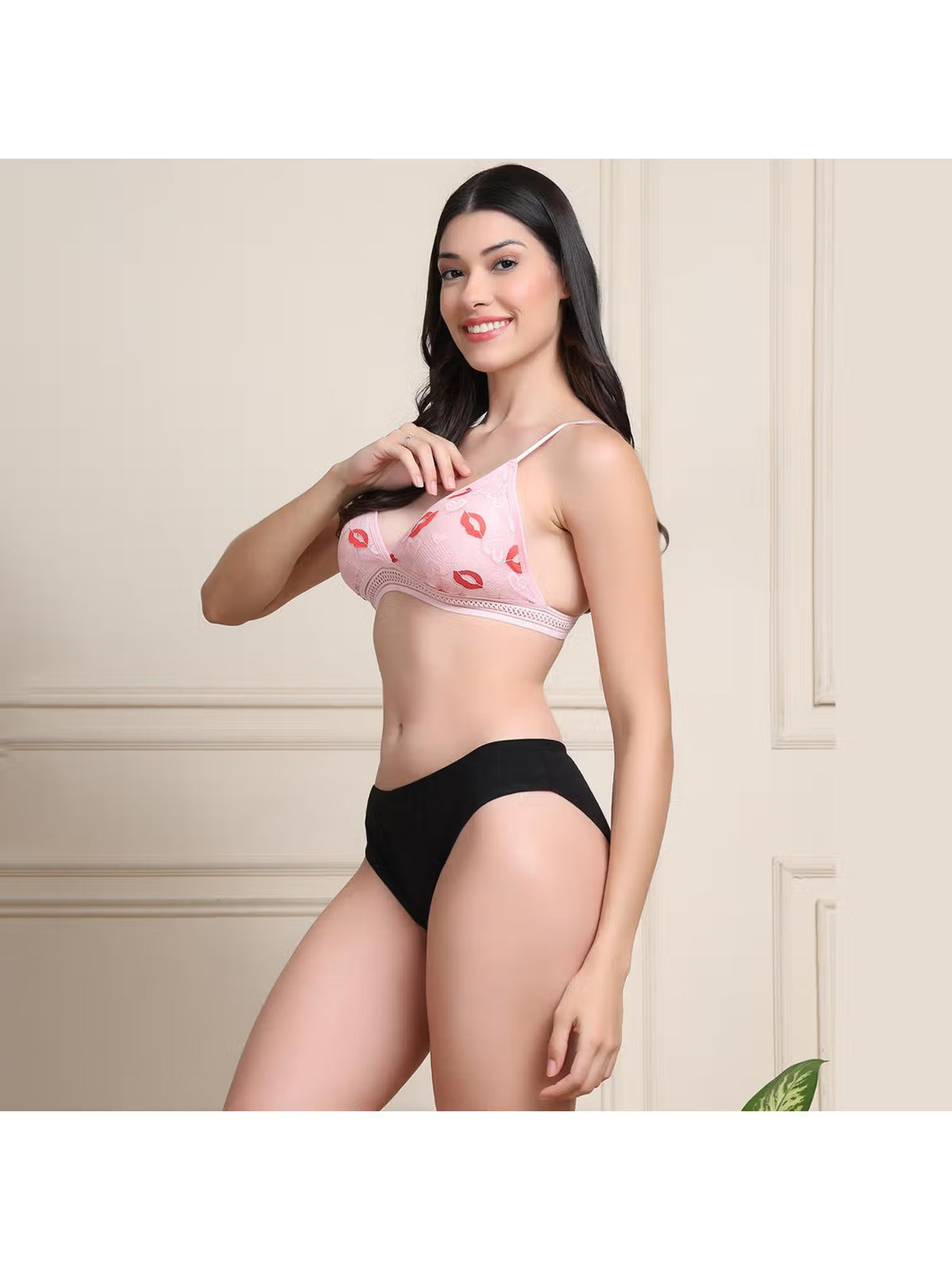 PrettyCat Lightly Padded Kiss Lips Half Coverage HotLace Bra And Panty Pink