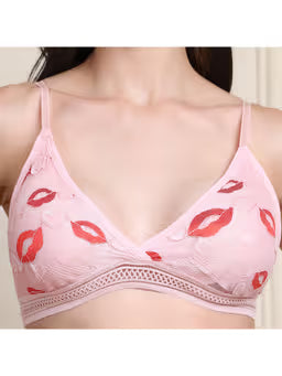 PrettyCat Lightly Padded Kiss Lips Half Coverage HotLace Bra And Panty Pink